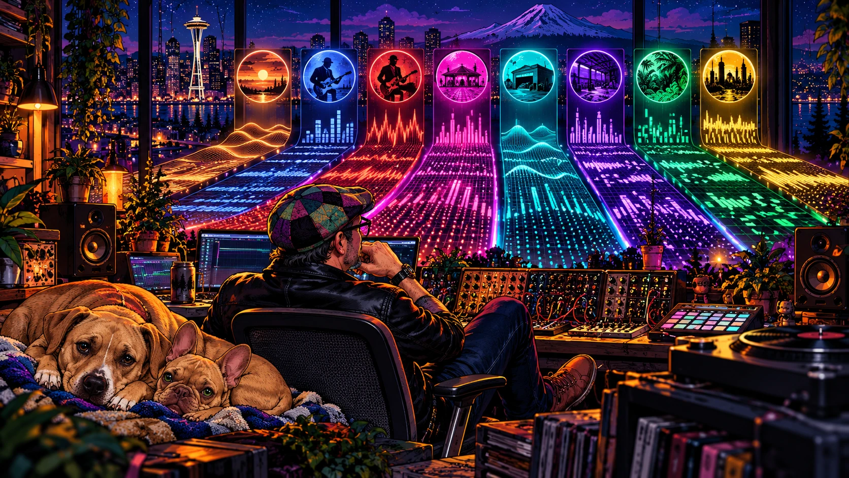 A neon-lit music studio overlooking Seattle, with eight colorful genre waveforms and two dogs curled up beside the desk.