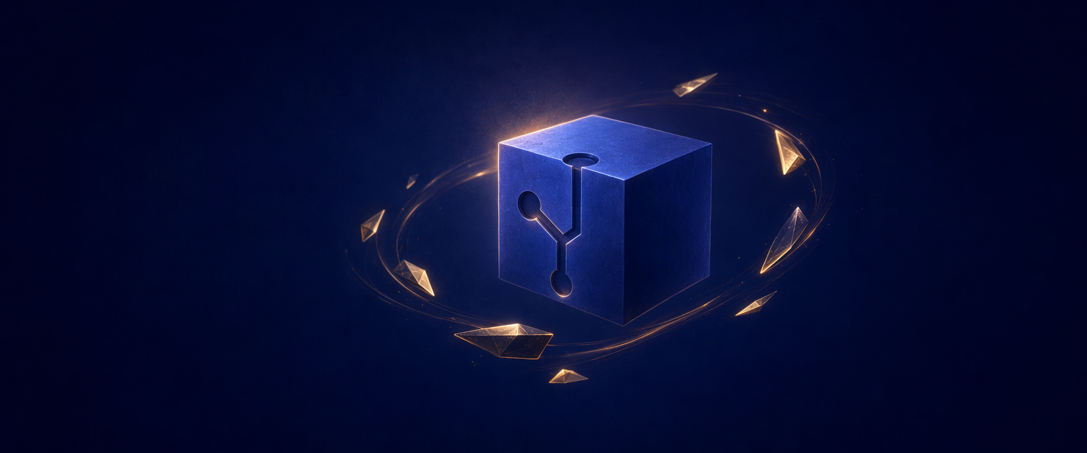 Banner: a luminous indigo repository core with abstract amber light shards assembling into a calm orbit around it, suggesting a portable, repo-native Copilot team packaged as one artifact.