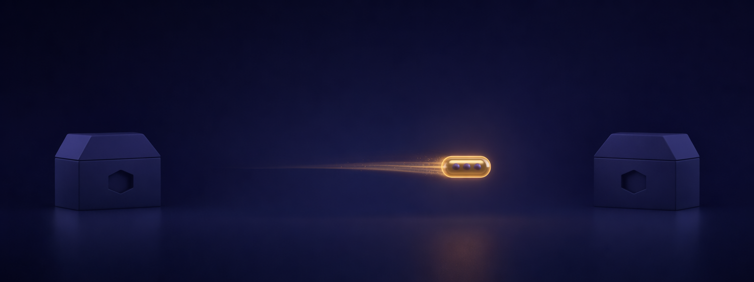 Banner: a single glowing amber capsule of small nodes traveling cleanly from one repository block to another, suggesting a packaged team moving between repos.