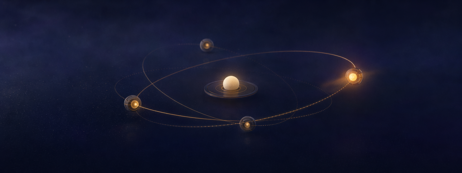Banner: a small light central core in deep indigo with a few amber skill-satellites in orbit, one brighter as if just activated, suggesting a lean coordinator loading skills on demand.