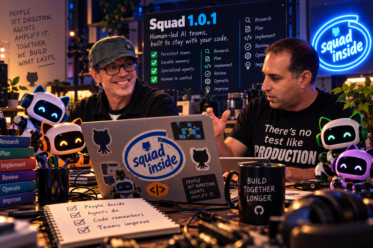 Brady and a teammate work at a table surrounded by Squad-themed robots, with a Squad 1.0.1 display behind them.