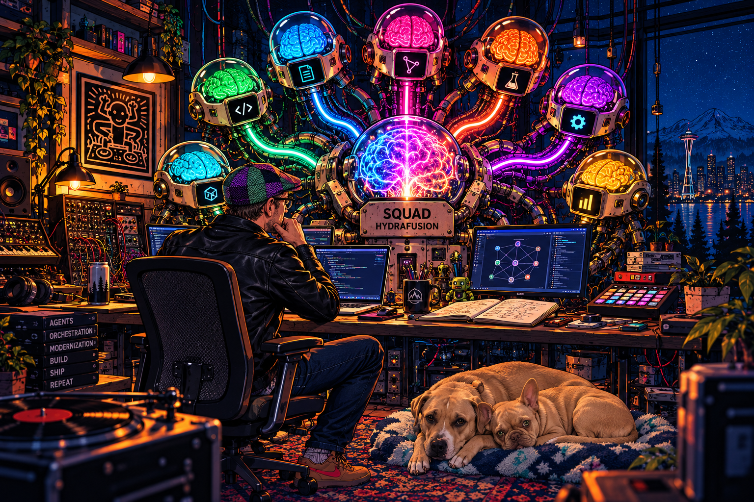 A neon-lit studio with a many-headed Squad HydraFusion machine, a developer at the desk, and two dogs curled up nearby.